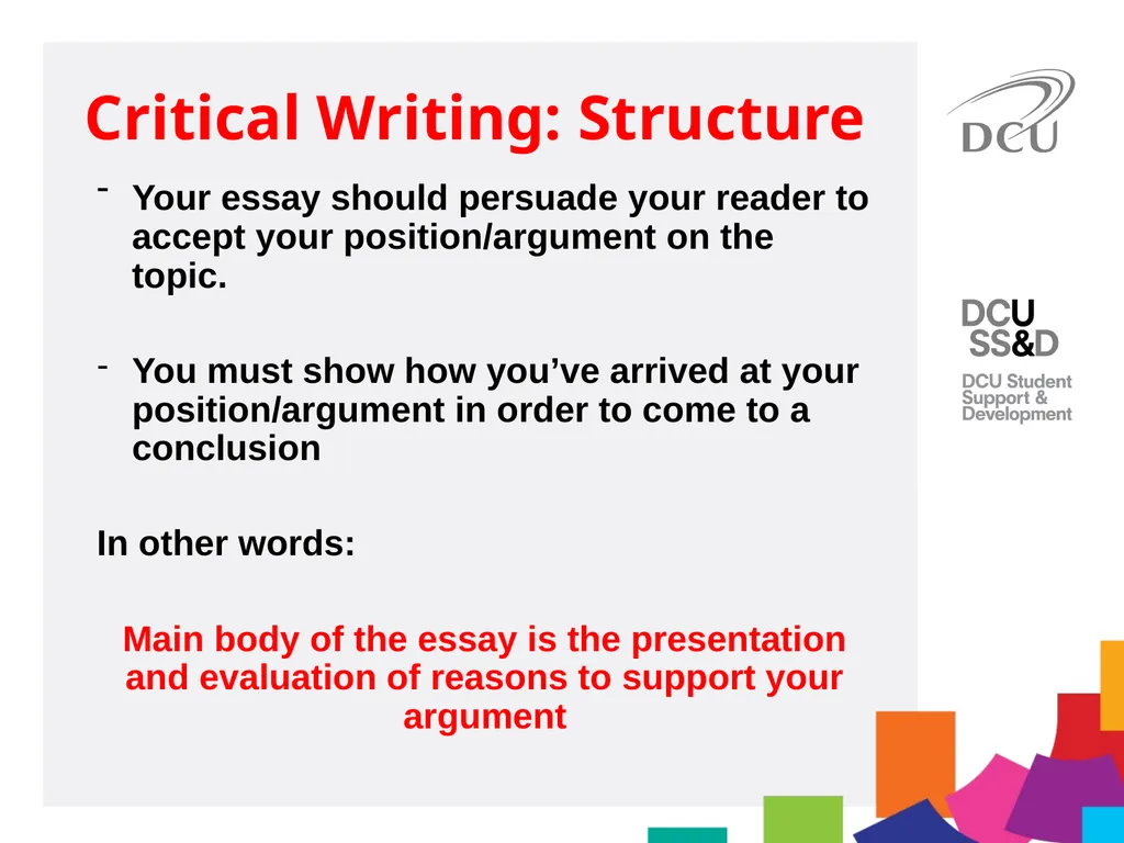 DCU Student Learning Critical Writing for MA - slide 17 of 20