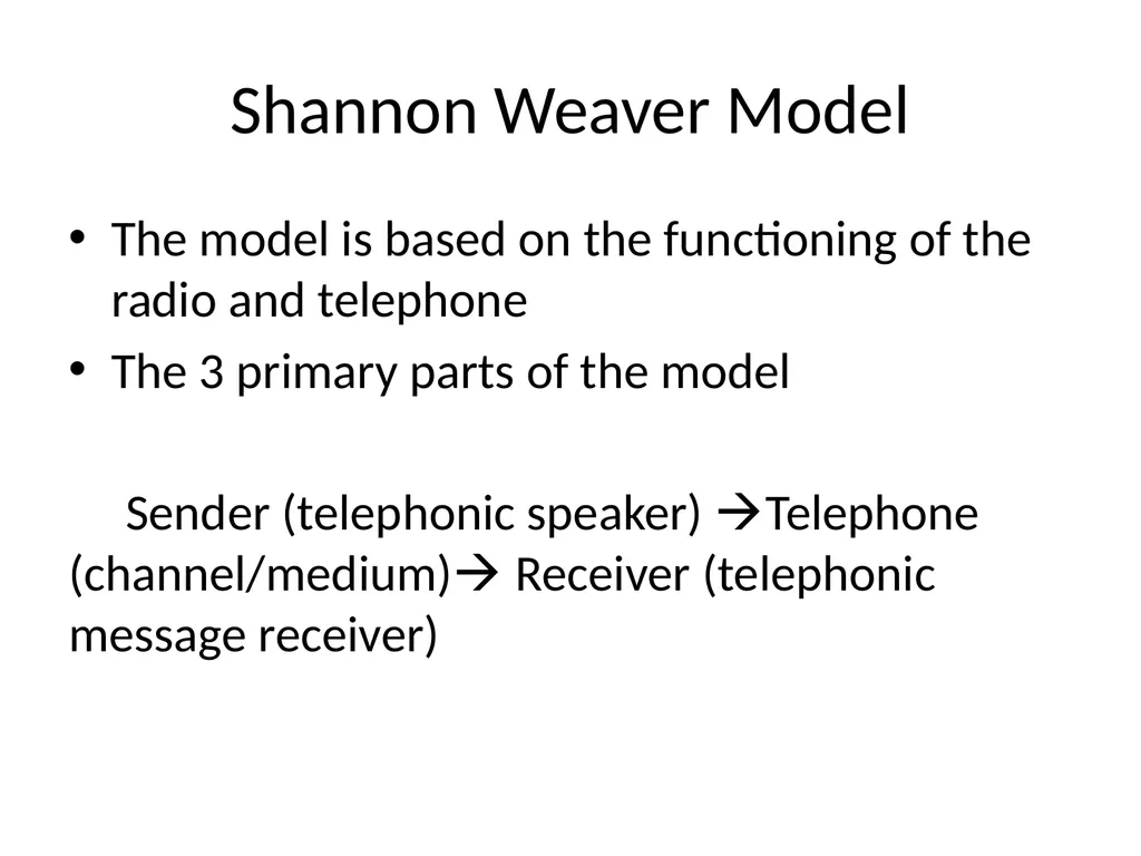 Shannon Weaver Model The model is based on the - slide 1 of 8