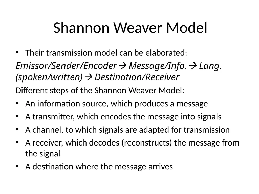 Shannon Weaver Model The model is based on the - slide 2 of 8