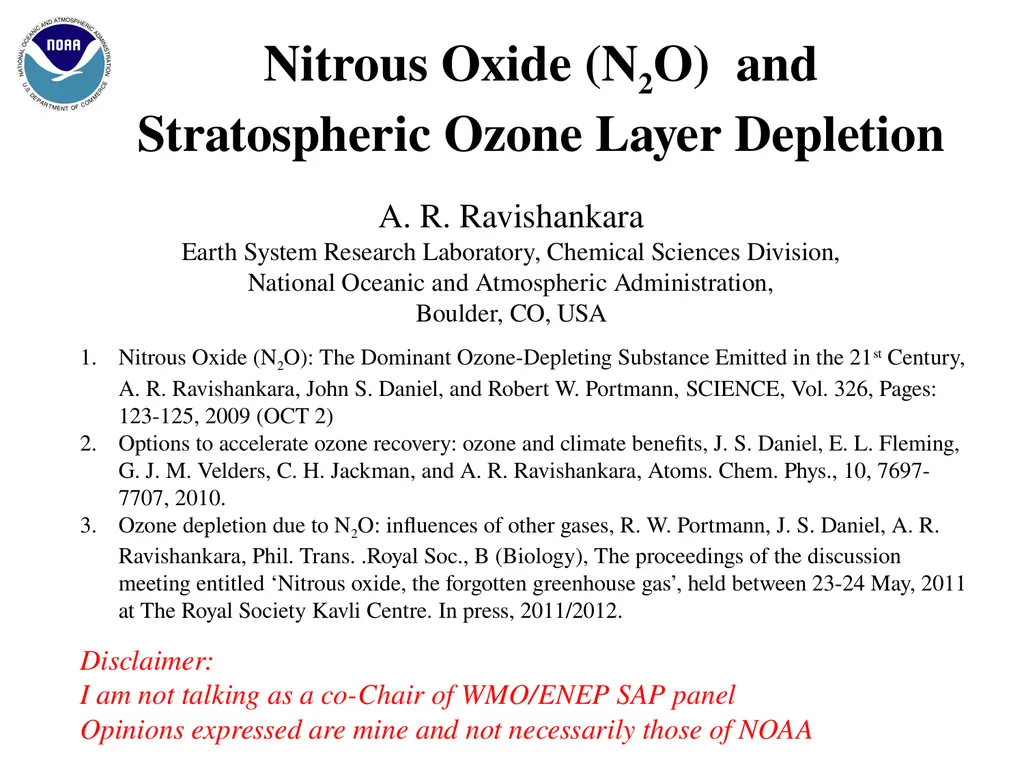 Nitrous Oxide (N2O) and Stratospheric Ozone Layer - slide 1 of 26