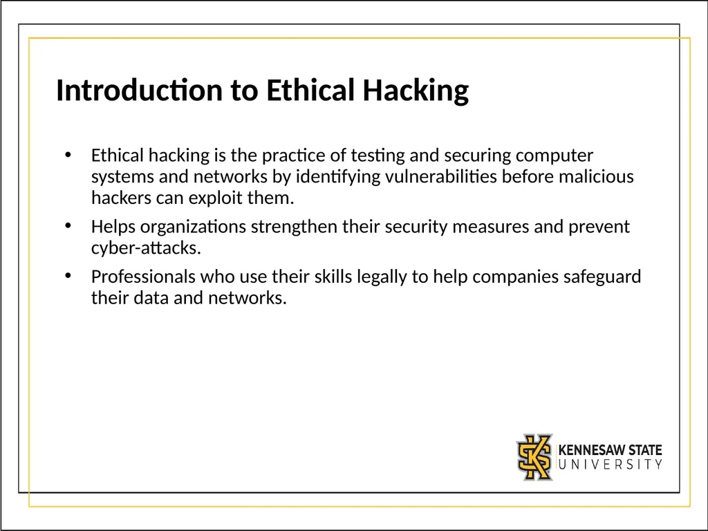 CSE1300 Ethical Hacking Introduction to Ethical - slide 2 of 9