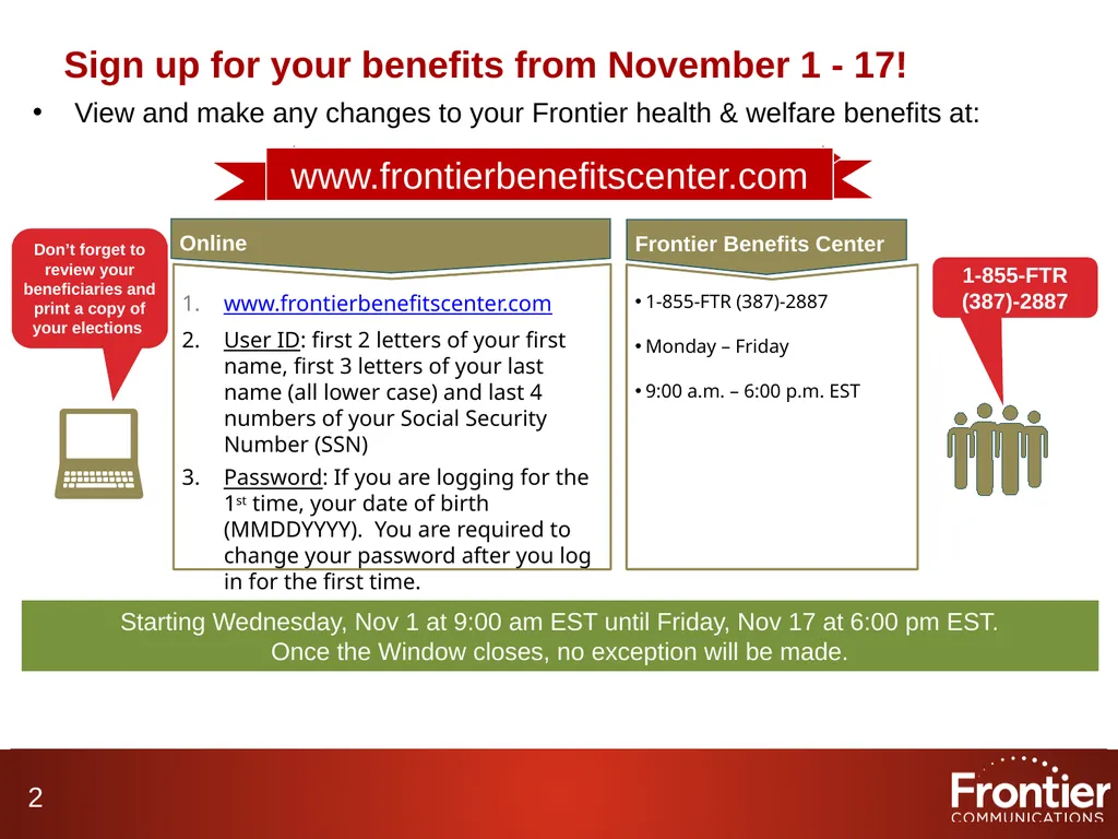 November 1 - 17, 2017 ©2017 Frontier - slide 2 of 22