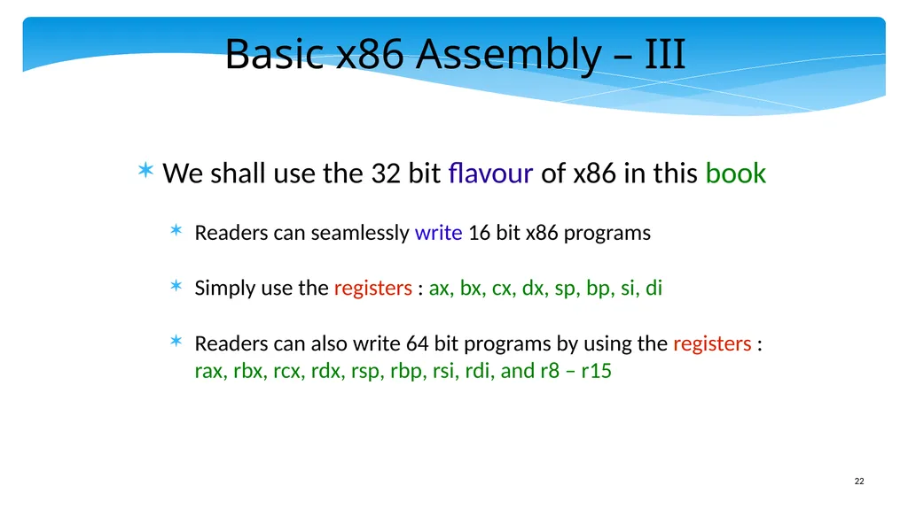 Chapter 5: x86 Assembly Language Prof. Smruti - slide 22 of 84