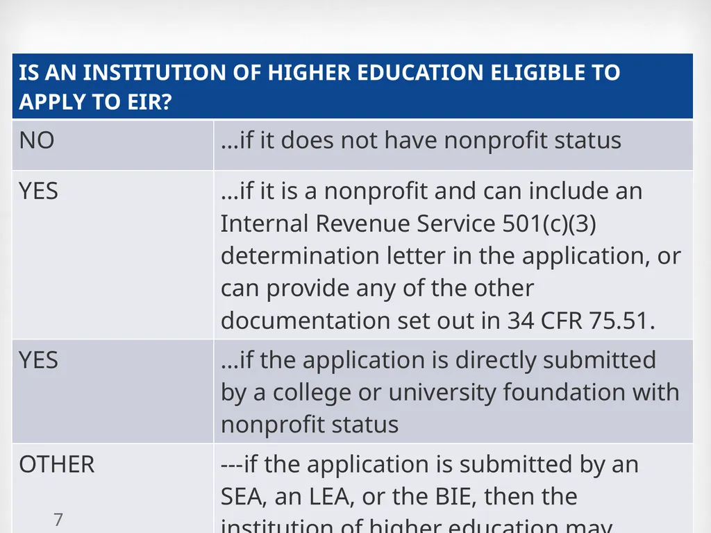 Education Innovation and Research (EIR) ELIGIBLITY - slide 7 of 19