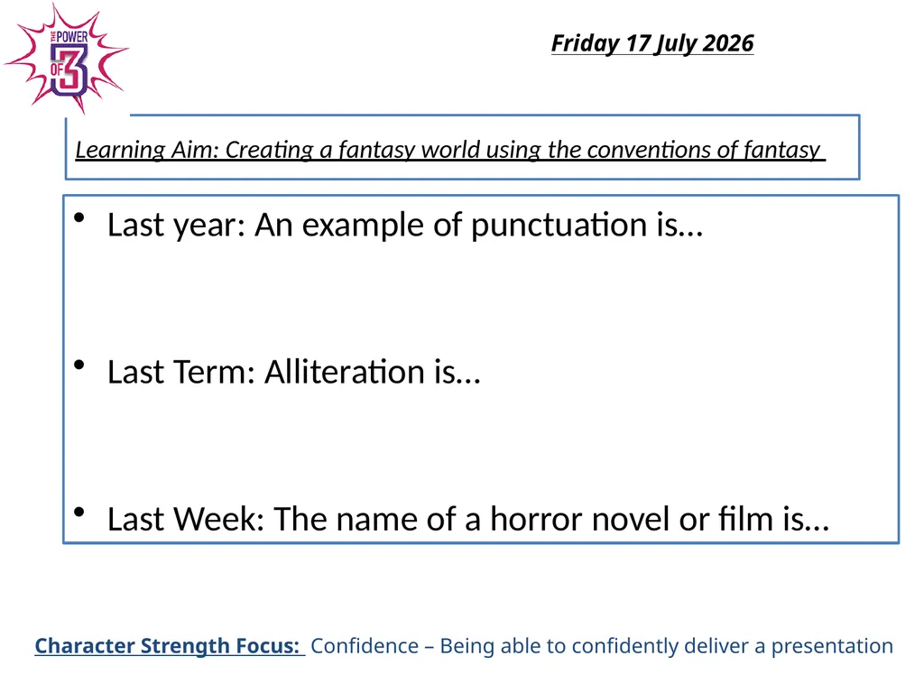 Learning Aim: Creating a fantasy world using the - slide 1 of 17