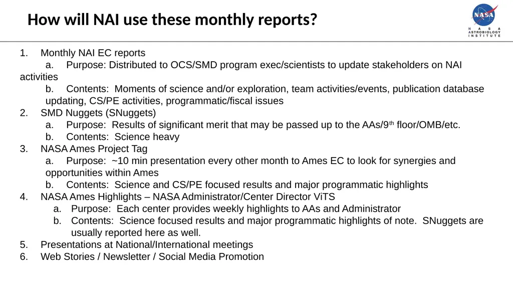 NAI Monthly Report #Team Name# - #Month reporting - slide 2 of 4