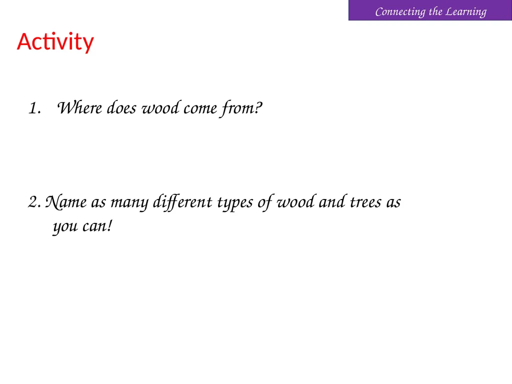 Activity Where does wood come from? 2. Name as - slide 1 of 2