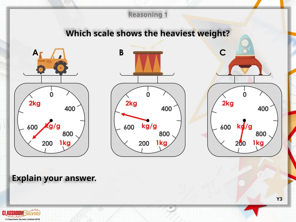 Reasoning 1 Which scale shows the heaviest weight? - slide 2 of 9