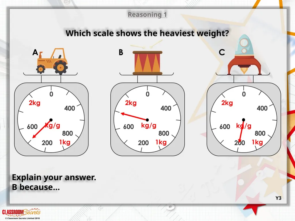 Reasoning 1 Which scale shows the heaviest weight? - slide 3 of 9