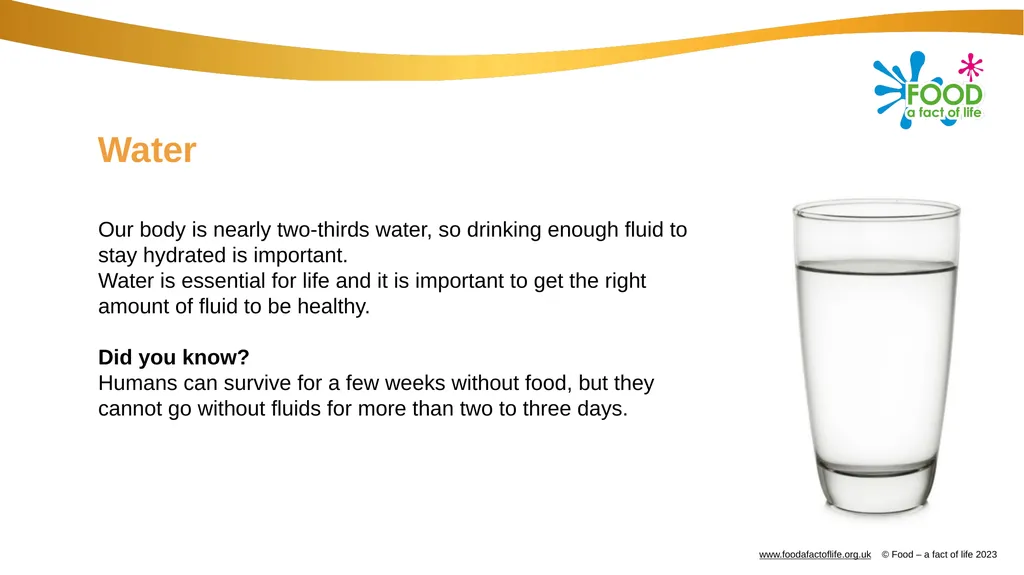Hydration Water Our body is nearly two-thirds - slide 2 of 10