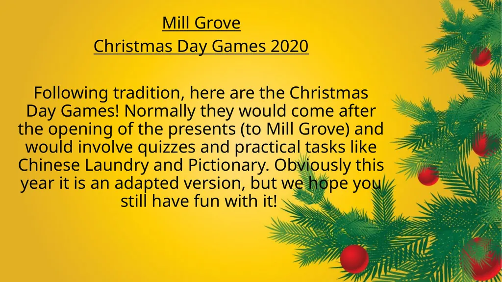 Mill Grove Christmas Day Games 2020 Following - slide 1 of 20