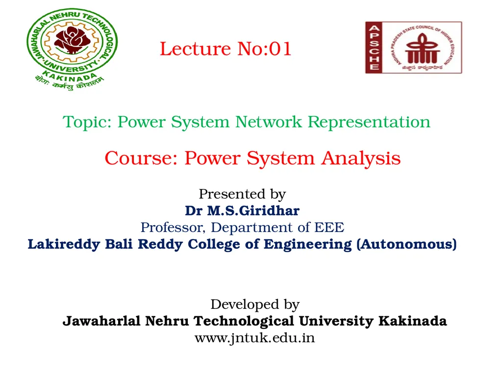 Lecture No:01 Topic: Power System Network - slide 1 of 15