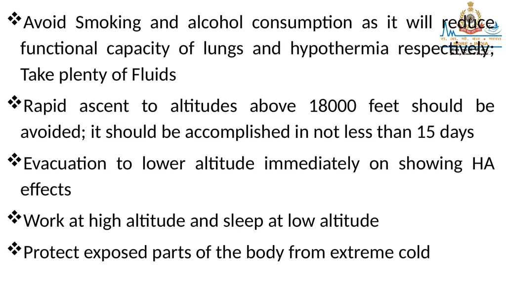 HIGH ALTITUDE DISEASES & COLD INJURIES LESSON-24 - slide 33 of 34