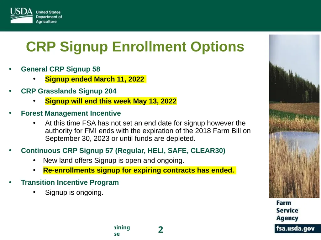 Farm Service Agency Conservation Programs Updates - slide 2 of 16