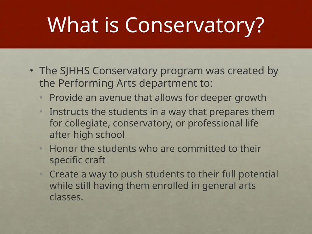 SJHHS Performing Arts Conservatory Welcome and - slide 2 of 19