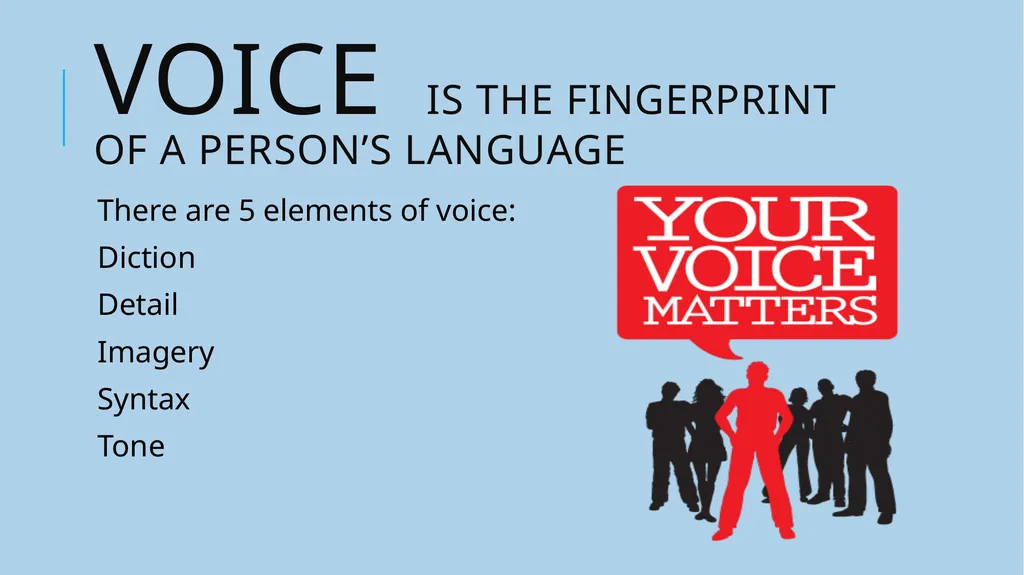 Voice Diction Detail Imagery Syntax Tone Voice - slide 3 of 28