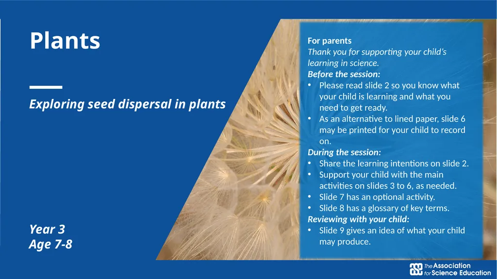 Plants Exploring seed dispersal in plants Year 3 - slide 1 of 9
