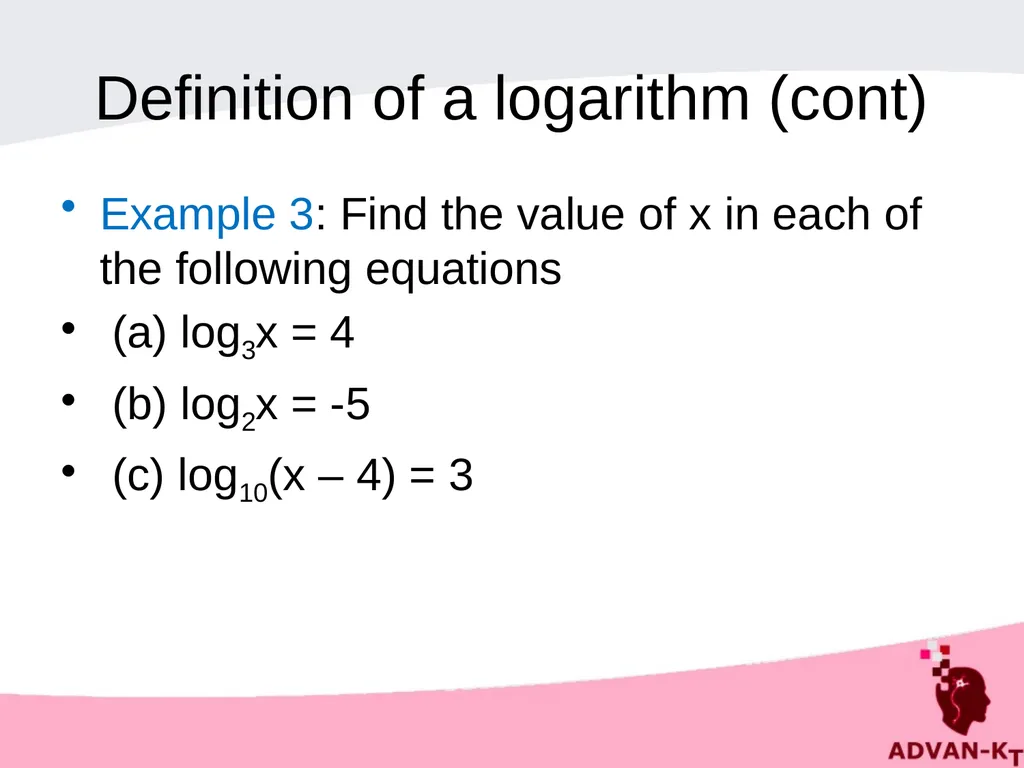 LOGARITHMS Definition of a logarithm If a number y - slide 3 of 16