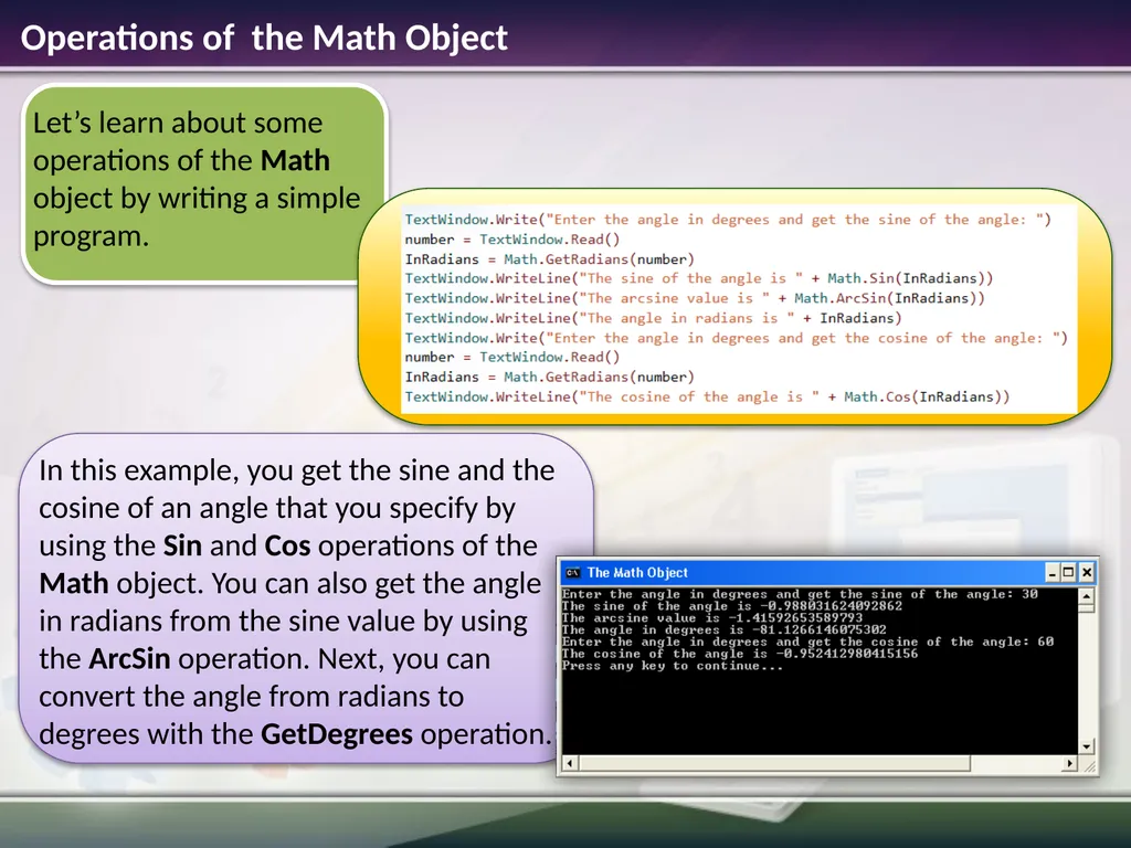 The Math Object Estimated time to complete this - slide 4 of 14