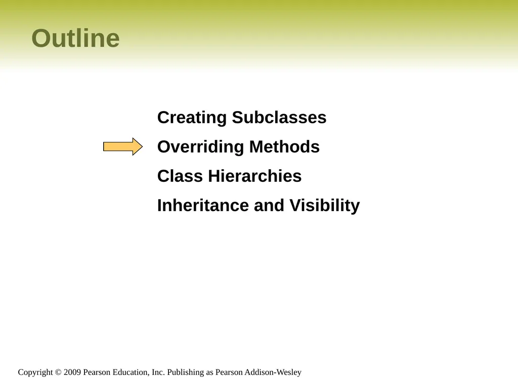 Outline Creating Subclasses Overriding Methods - slide 12 of 28