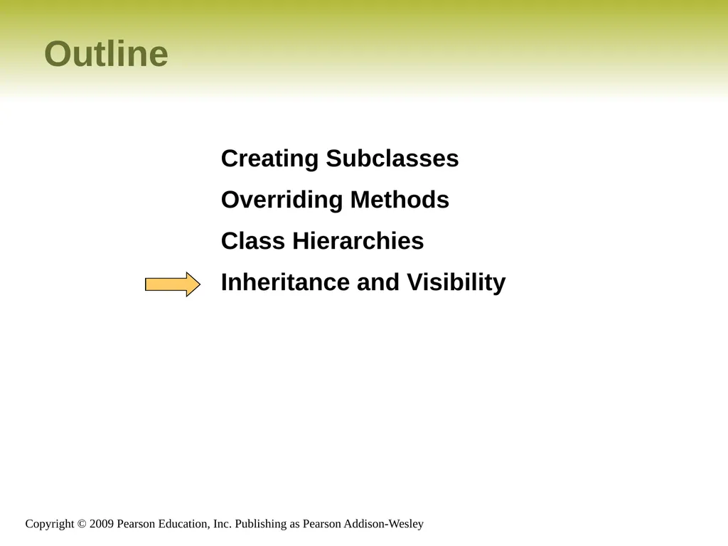 Outline Creating Subclasses Overriding Methods - slide 26 of 28