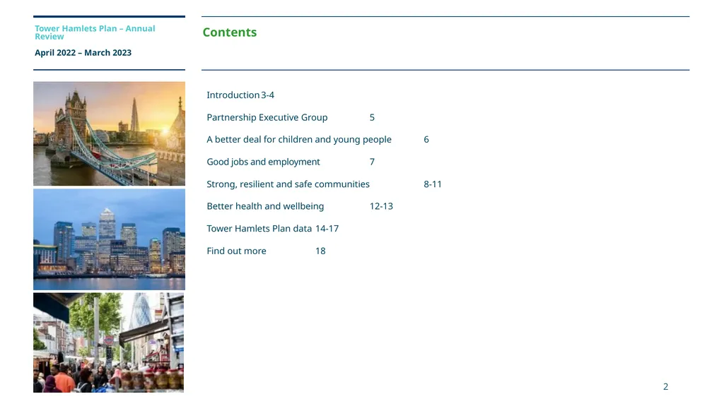 Tower Hamlets Plan (2018-2023) Annual Review, - slide 2 of 18