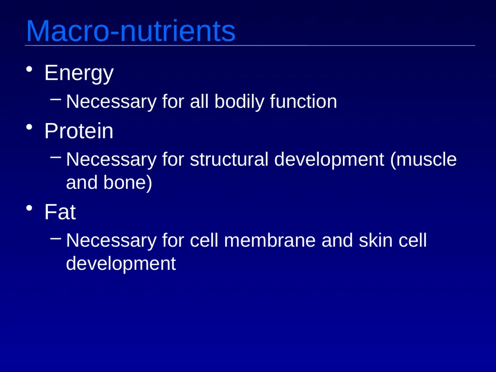 Macro v. micro nutrients Macro-nutrients Protein - slide 2 of 25