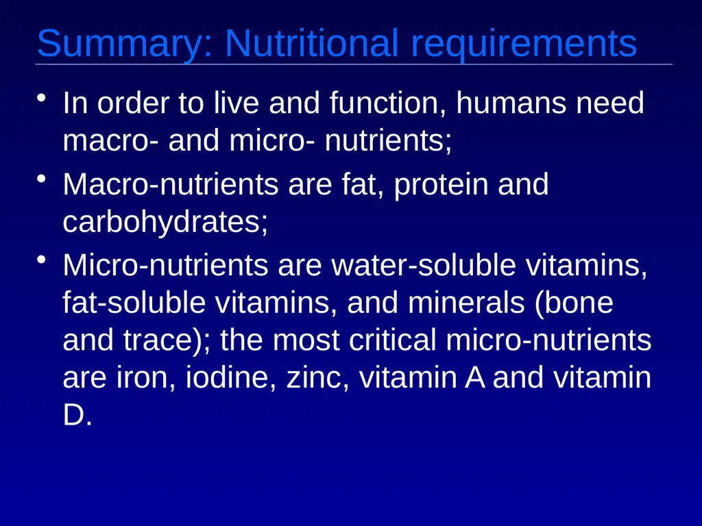 Macro v. micro nutrients Macro-nutrients Protein - slide 4 of 25