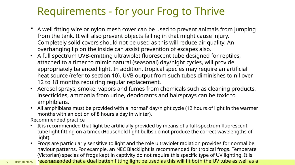Frog Care Sheet Sourced from the Code of Practice - slide 5 of 6