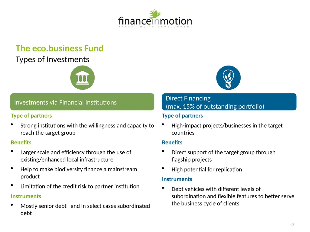 Development Finance Funds SWITCH to Green - slide 13 of 16