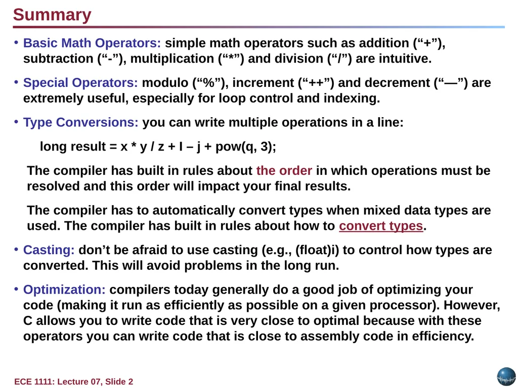Lecture 07: Arithmetic Operators Topics: Addition - slide 2 of 2