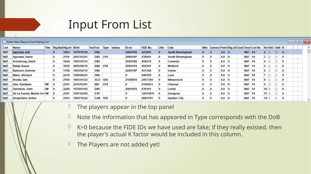 Entering Players Data Source For the purpose of - slide 10 of 19