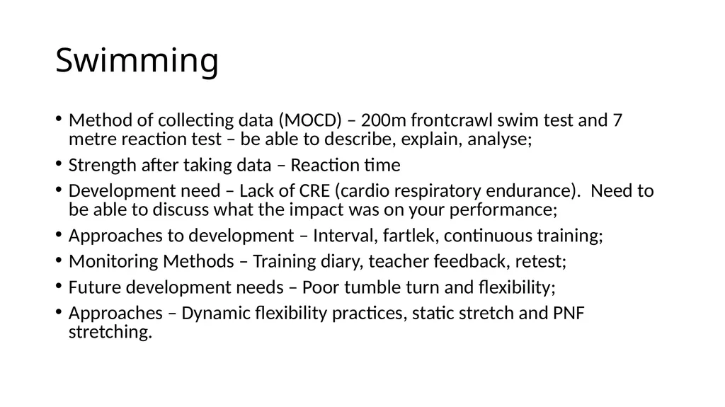 Higher PE Course overview - revision Swimming - slide 2 of 11