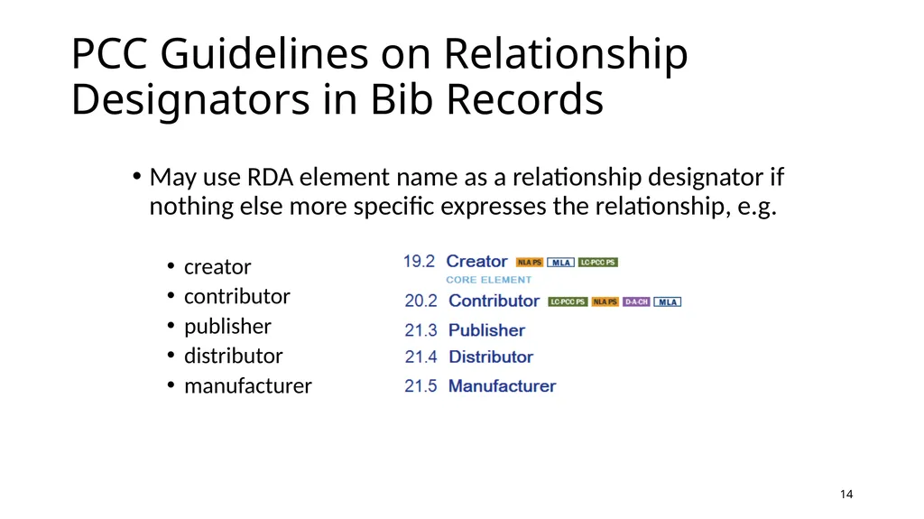 Relationship Designators in RDA: Connecting the - slide 14 of 25