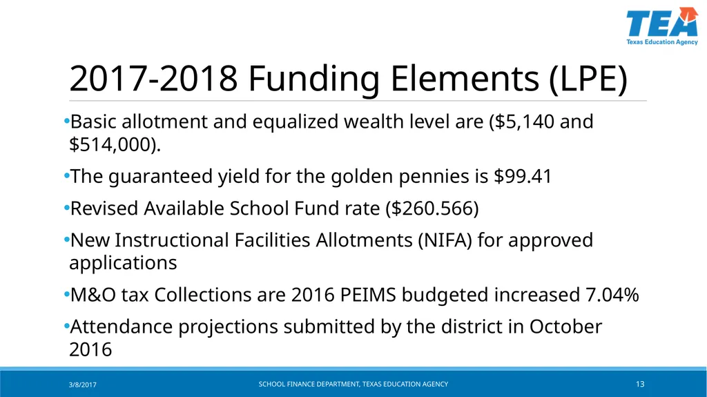 Texas Education Agency October 2017 State Funding - slide 13 of 37