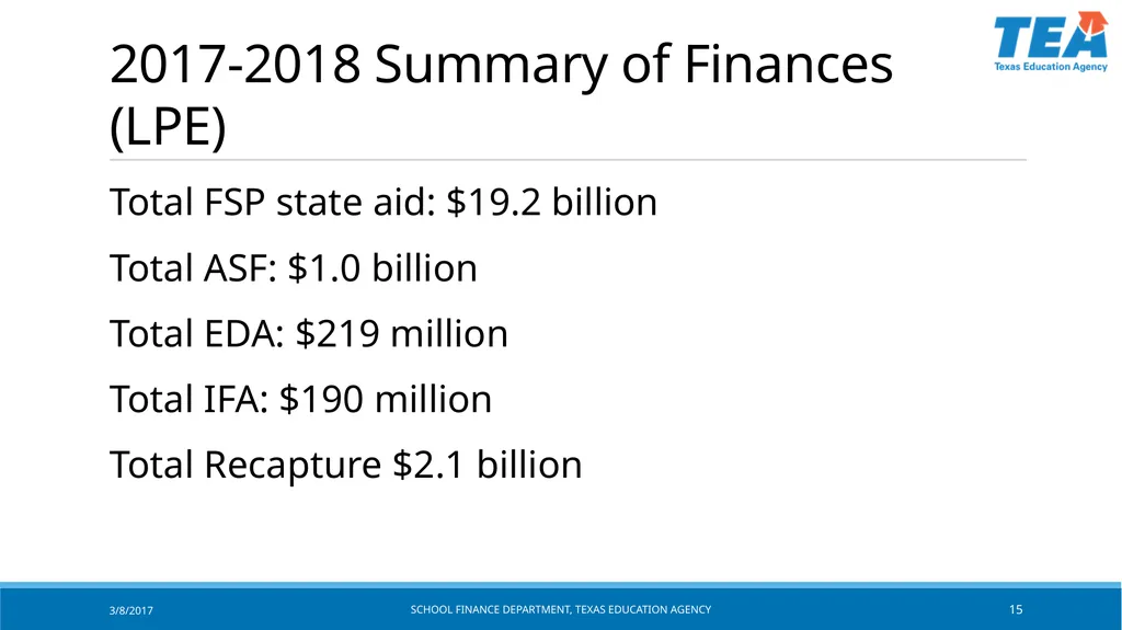 Texas Education Agency October 2017 State Funding - slide 15 of 37