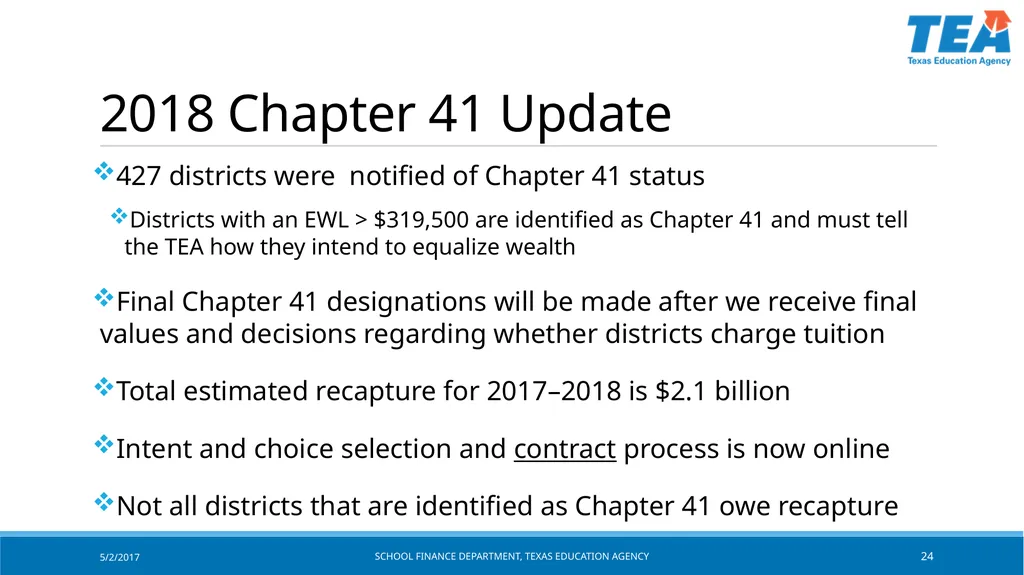 Texas Education Agency October 2017 State Funding - slide 24 of 37