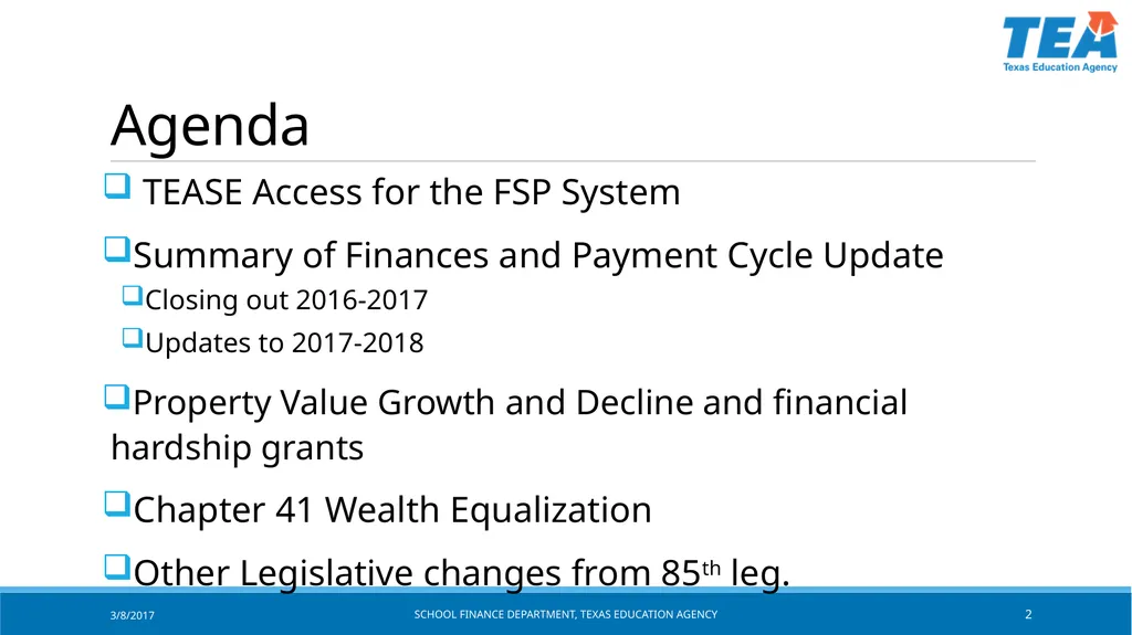 Texas Education Agency October 2017 State Funding - slide 2 of 37