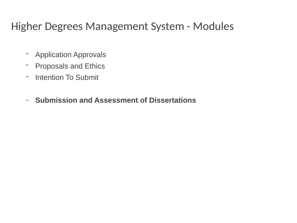 Higher Degrees Management System Contents Overview - slide 23 of 66