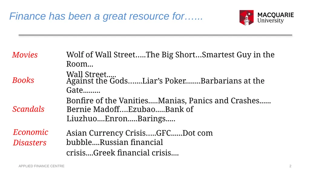 Associate Professor Tony Carlton Applied Finance - slide 2 of 10