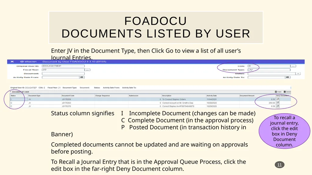 Banner Admin Pages journal entry training - slide 11 of 41