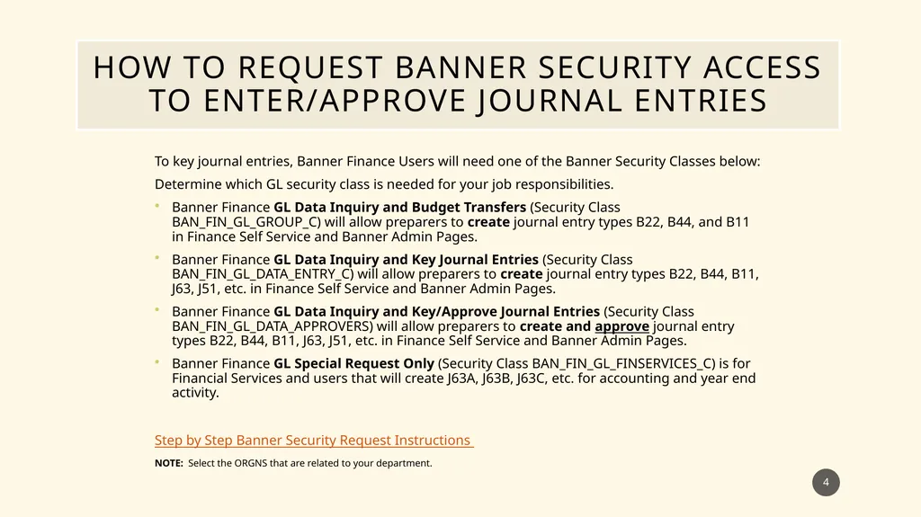 Banner Admin Pages journal entry training - slide 4 of 41