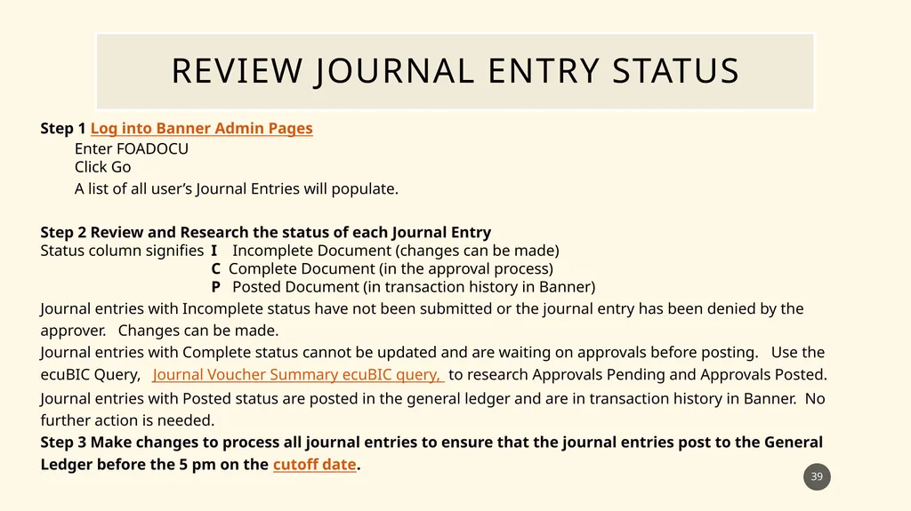 Banner Admin Pages journal entry training - slide 39 of 41