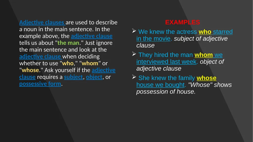 WHO WHOM WHOSE SUBJECTS, OBJECTS AND POSSESSIVE - slide 11 of 14