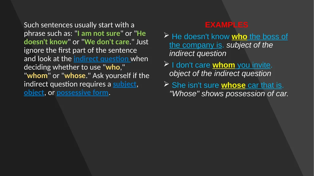 WHO WHOM WHOSE SUBJECTS, OBJECTS AND POSSESSIVE - slide 9 of 14