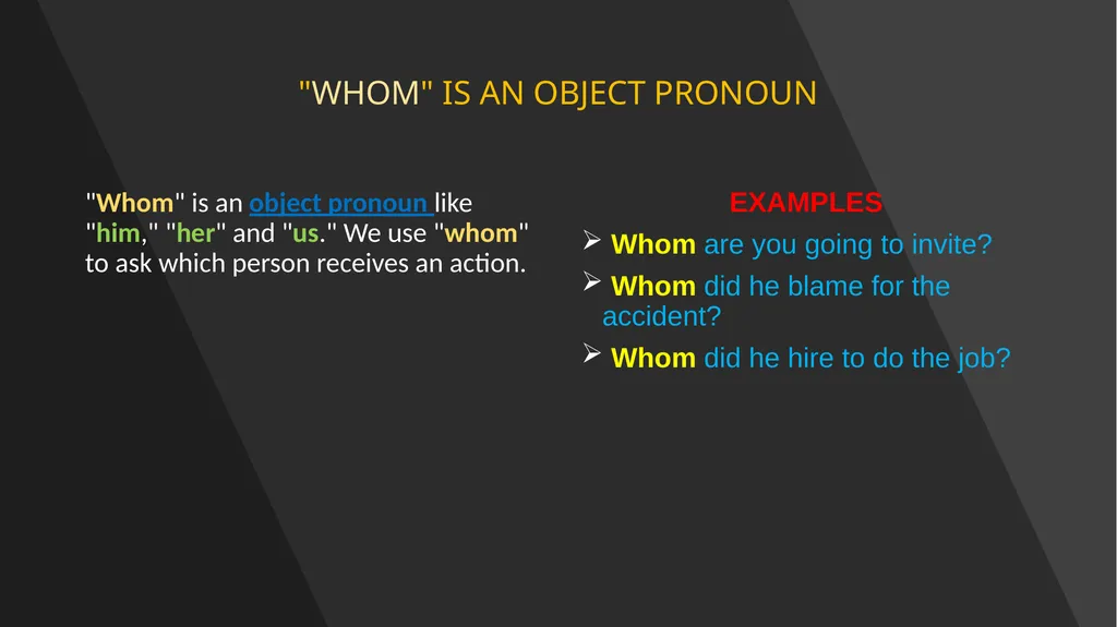 WHO WHOM WHOSE SUBJECTS, OBJECTS AND POSSESSIVE - slide 6 of 14