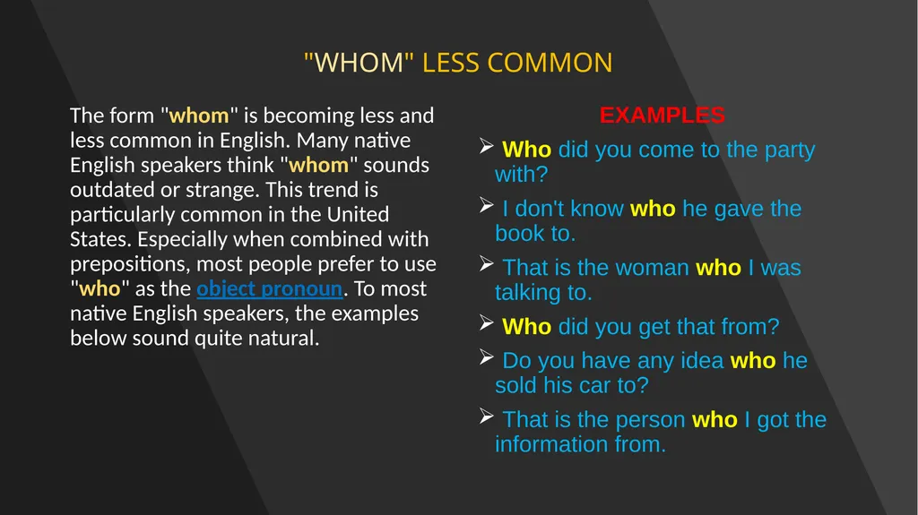 WHO WHOM WHOSE SUBJECTS, OBJECTS AND POSSESSIVE - slide 12 of 14