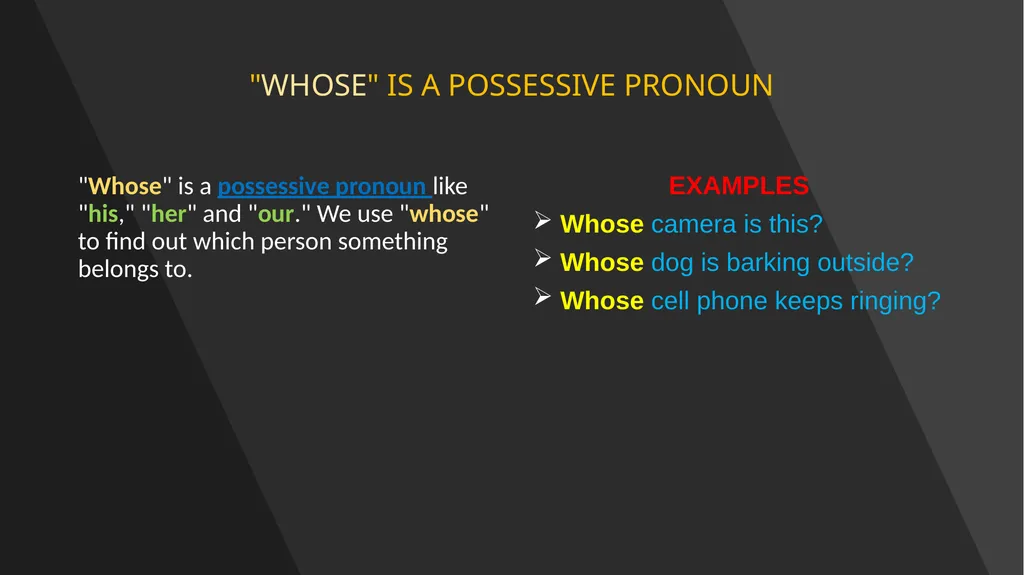 WHO WHOM WHOSE SUBJECTS, OBJECTS AND POSSESSIVE - slide 7 of 14