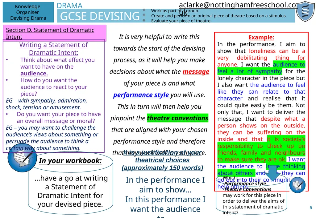 DRAMA GCSE DEVISING 1 Knowledge Organiser Devising - slide 5 of 10