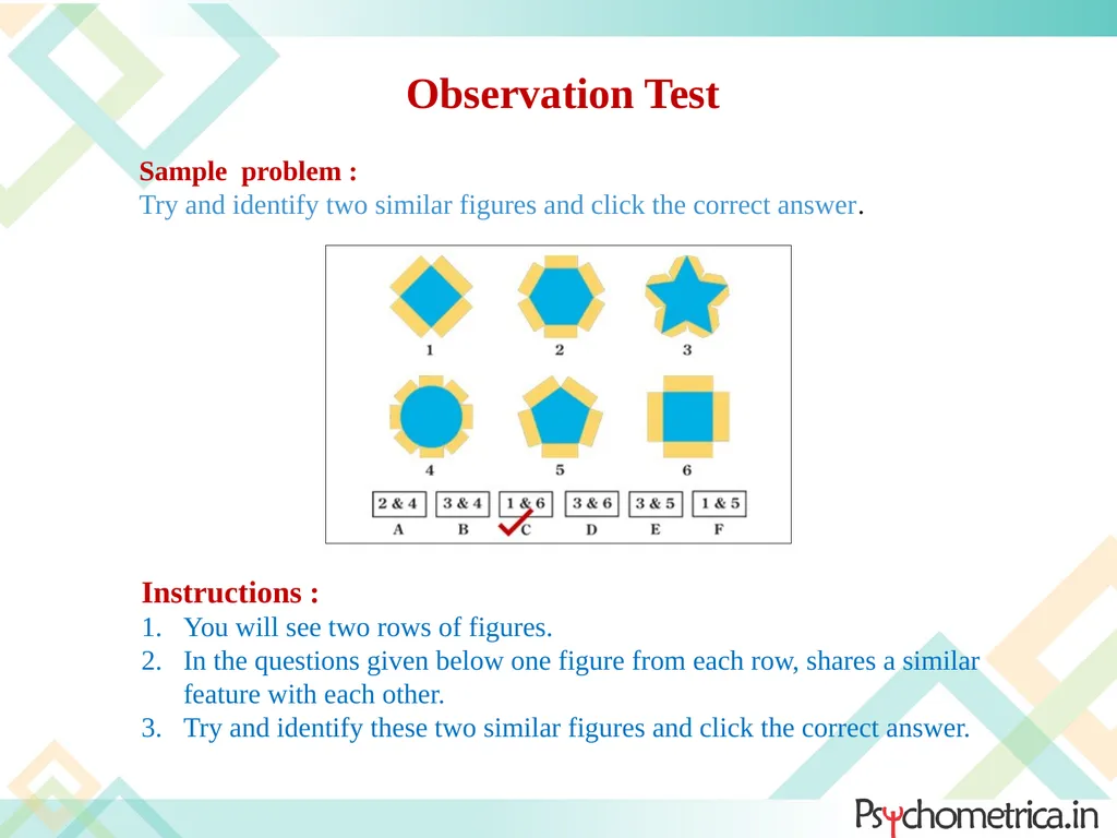 INSTRUCTIONS for PSYCHOMETRIC TESTS It provides an - slide 8 of 14